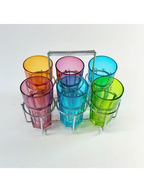 Set Of 6 Colored Glass 6 oz Tumblers With Chrome Metal Holder Retro Design
